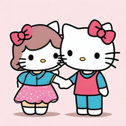 A cute and colourful image of Hello Kitty with her boyfriend Dear Daniel, both smiling, holding hands and looking at each other lovingly