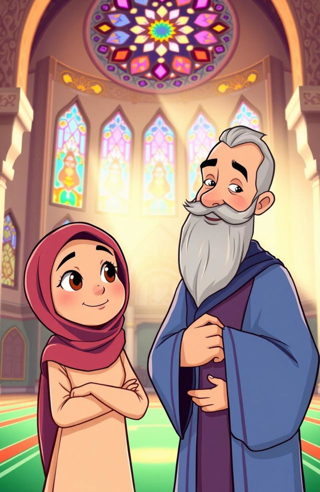 A cartoon character illustrating the concept of gender equality in a mosque setting, featuring a woman in traditional attire looking curiously and thoughtfully, and a wise man beside her guiding her with a smile