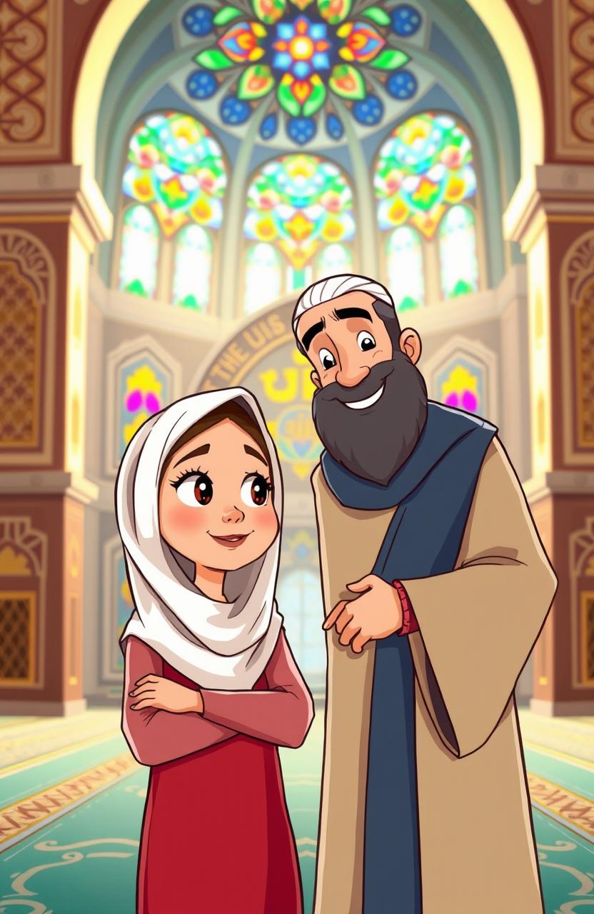 A cartoon character illustrating the concept of gender equality in a mosque setting, featuring a woman in traditional attire looking curiously and thoughtfully, and a wise man beside her guiding her with a smile