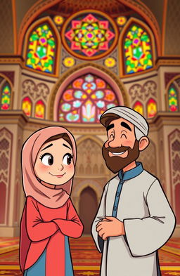 A cartoon character illustrating the concept of gender equality in a mosque setting, featuring a woman in traditional attire looking curiously and thoughtfully, and a wise man beside her guiding her with a smile