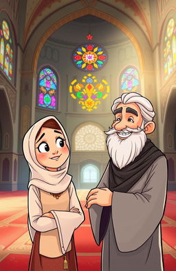 A cartoon character illustrating the concept of gender equality in a mosque setting, featuring a woman in traditional attire looking curiously and thoughtfully, and a wise man beside her guiding her with a smile