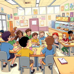 A colorful cartoon-style illustration of a school cafeteria scene bursting with energy