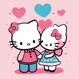 A cute and colourful image of Hello Kitty with her boyfriend Dear Daniel, both smiling, holding hands and looking at each other lovingly