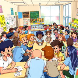 A colorful cartoon-style illustration of a school cafeteria scene bursting with energy