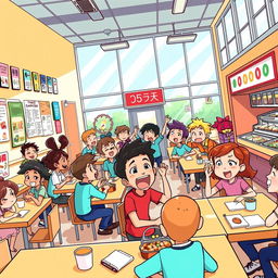 A colorful cartoon-style illustration of a school cafeteria scene bursting with energy