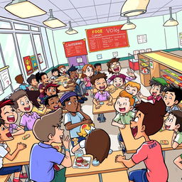 A colorful cartoon-style illustration of a school cafeteria scene bursting with energy