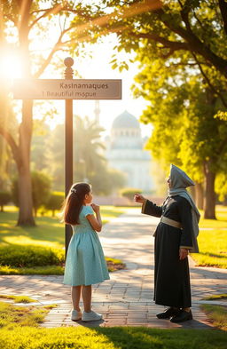 A young girl standing at a crossroads in a luminous, serene park, looking thoughtfully at a direction sign that points towards a beautiful mosque in the distance