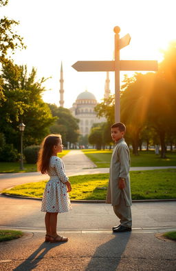 A young girl standing at a crossroads in a luminous, serene park, looking thoughtfully at a direction sign that points towards a beautiful mosque in the distance