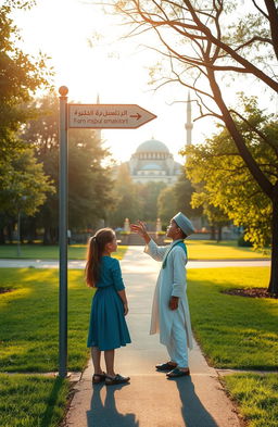 A young girl standing at a crossroads in a luminous, serene park, looking thoughtfully at a direction sign that points towards a beautiful mosque in the distance