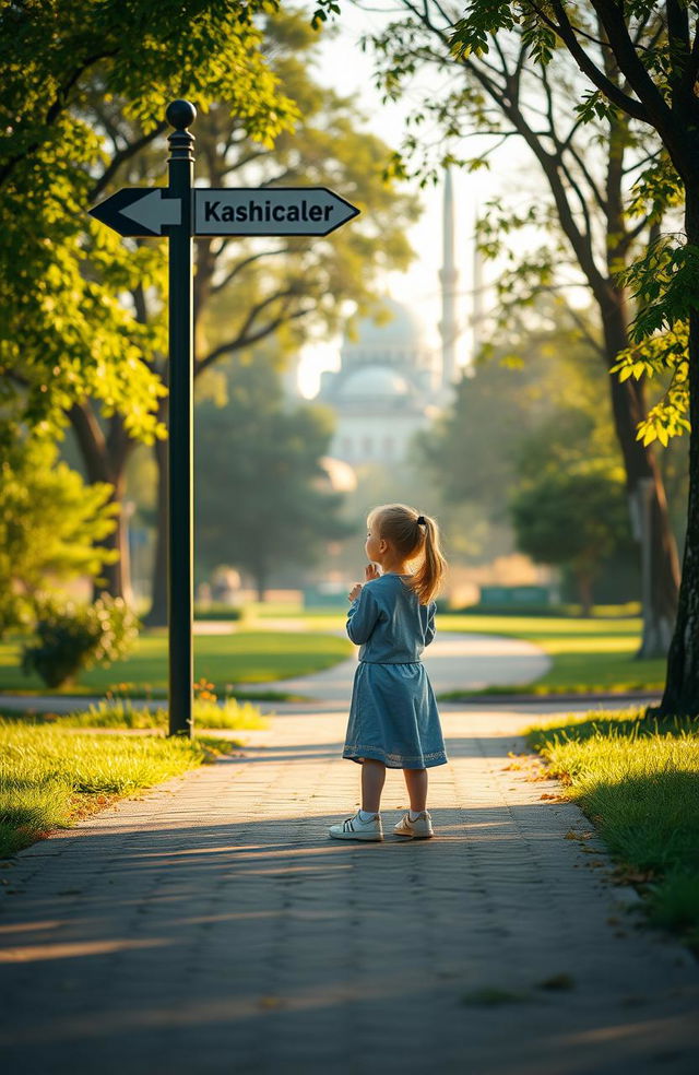 A young girl standing at a crossroads in a luminous, serene park, looking thoughtfully at a direction sign that points towards a beautiful mosque in the distance