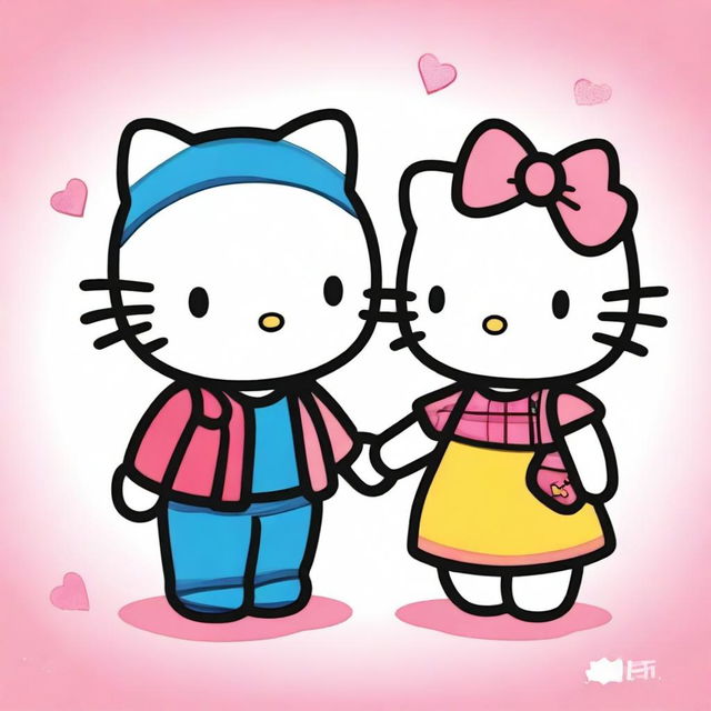 A cute and colourful image of Hello Kitty with her boyfriend Dear Daniel, both smiling, holding hands and looking at each other lovingly