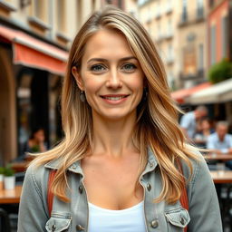 A full-length photograph of a woman with a closed neckline, aged between 30 to 45, featuring a natural appearance, minimal makeup, and well-maintained hair