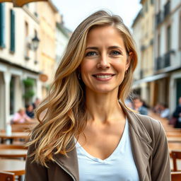 A full-length photograph of a woman with a closed neckline, aged between 30 to 45, featuring a natural appearance, minimal makeup, and well-maintained hair