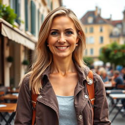 A full-length photograph of a woman with a closed neckline, aged between 30 to 45, featuring a natural appearance, minimal makeup, and well-maintained hair