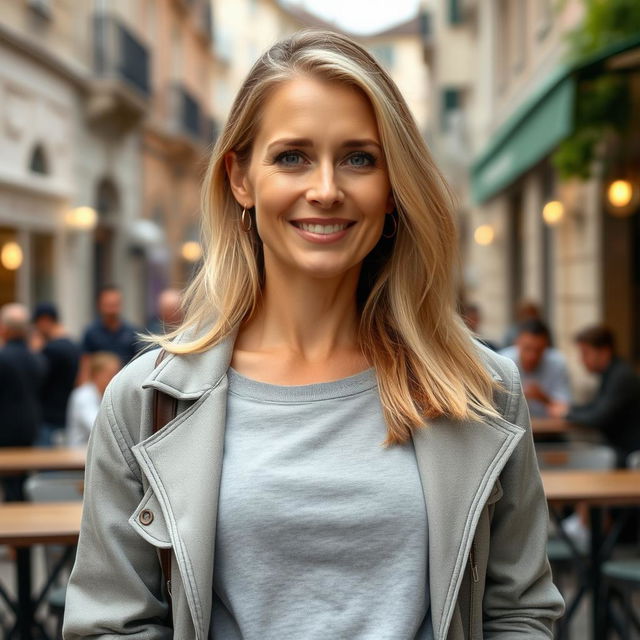 A full-length photograph of a woman with a closed neckline, aged between 30 to 45, featuring a natural appearance, minimal makeup, and well-maintained hair