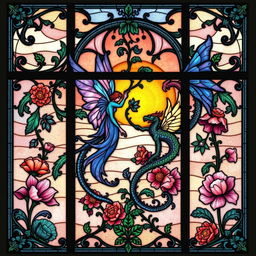 A beautifully intricate fantasy art nouveau stained glass window, featuring flowing organic shapes and vibrant colors