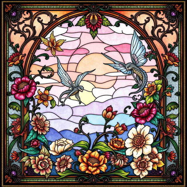 A beautifully intricate fantasy art nouveau stained glass window, featuring flowing organic shapes and vibrant colors