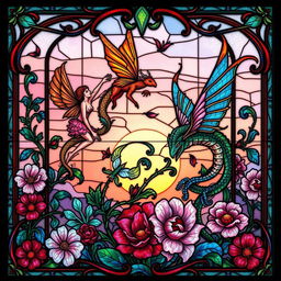 A beautifully intricate fantasy art nouveau stained glass window, featuring flowing organic shapes and vibrant colors