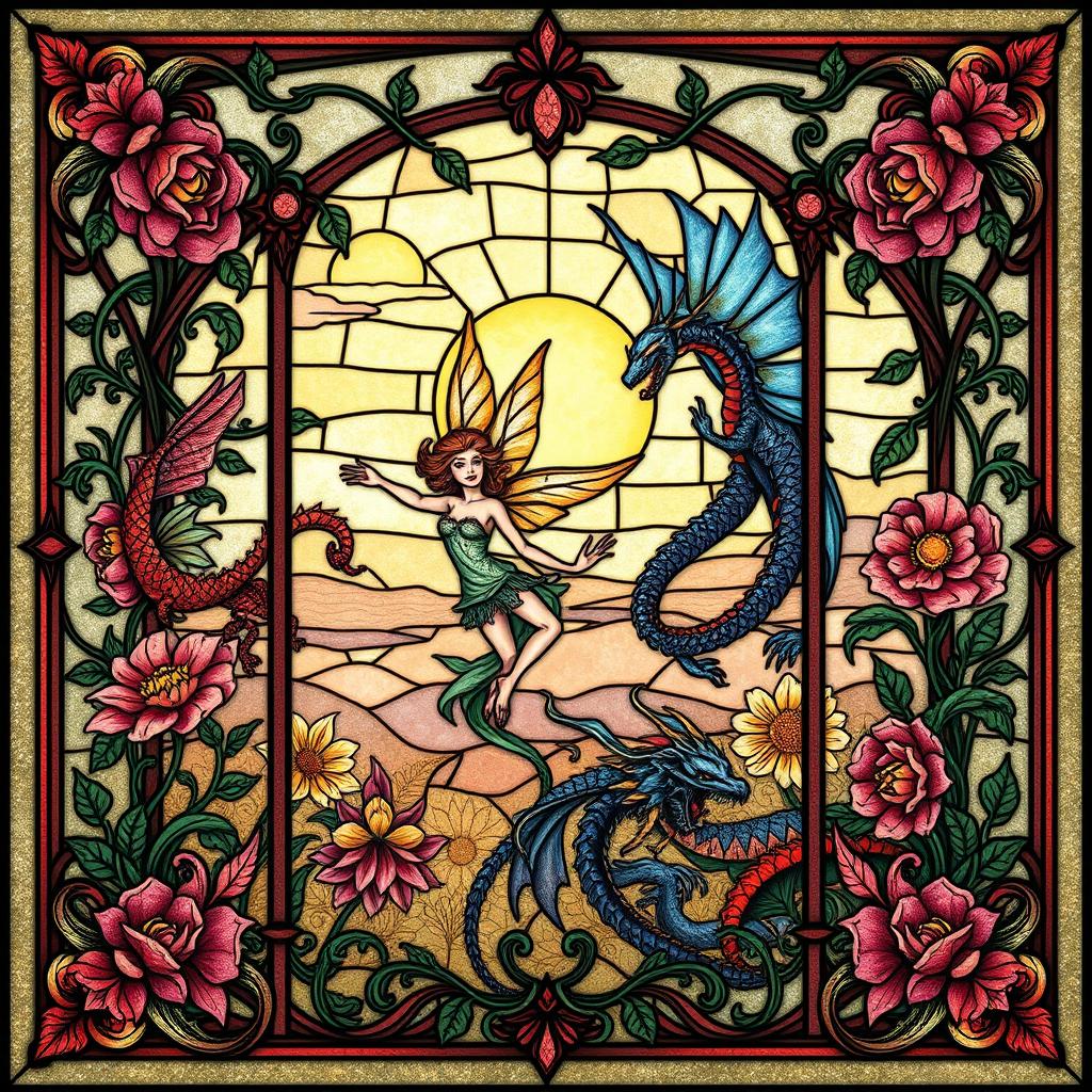 A beautifully intricate fantasy art nouveau stained glass window, featuring flowing organic shapes and vibrant colors