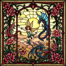 A beautifully intricate fantasy art nouveau stained glass window, featuring flowing organic shapes and vibrant colors