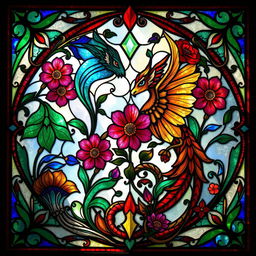 A fantasy-inspired art nouveau minimalist stained glass window design, featuring an intricate blend of organic floral patterns and mythical creatures