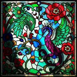 A fantasy-inspired art nouveau minimalist stained glass window design, featuring an intricate blend of organic floral patterns and mythical creatures