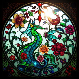 A fantasy-inspired art nouveau minimalist stained glass window design, featuring an intricate blend of organic floral patterns and mythical creatures