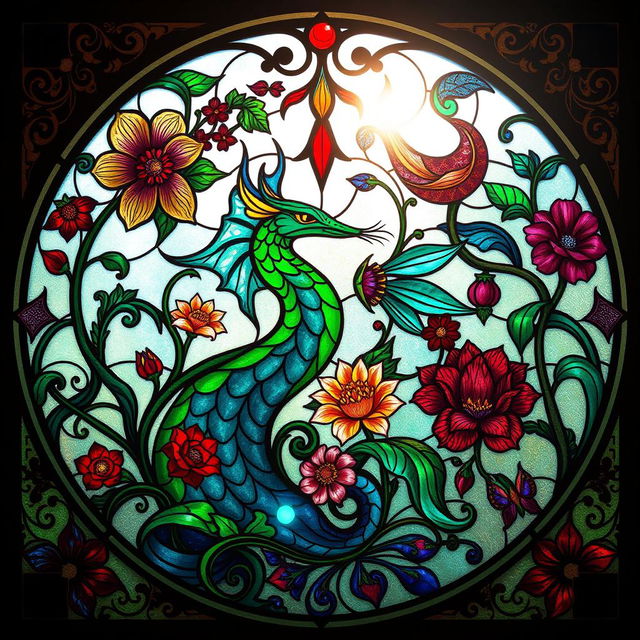 A fantasy-inspired art nouveau minimalist stained glass window design, featuring an intricate blend of organic floral patterns and mythical creatures