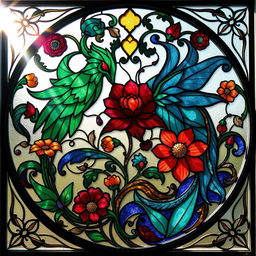 A fantasy-inspired art nouveau minimalist stained glass window design, featuring an intricate blend of organic floral patterns and mythical creatures