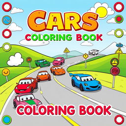 A vibrant and engaging coloring book cover for a children’s cars-themed coloring book titled ‘Cars Coloring Book’