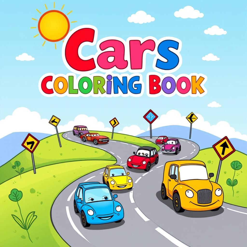 A vibrant and engaging coloring book cover for a children’s cars-themed coloring book titled ‘Cars Coloring Book’