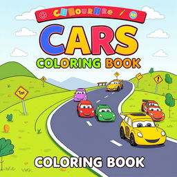 A vibrant and engaging coloring book cover for a children’s cars-themed coloring book titled ‘Cars Coloring Book’