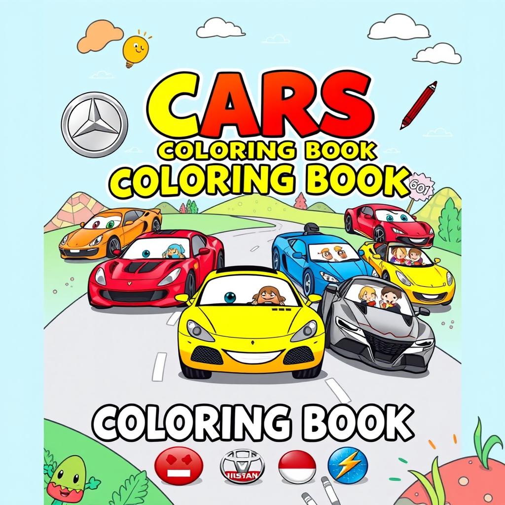 A captivating and colorful cover for a children’s coloring book titled ‘Cars Coloring Book’