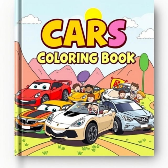 A captivating and colorful cover for a children’s coloring book titled ‘Cars Coloring Book’