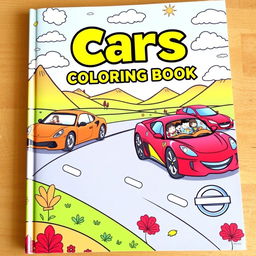 A captivating and colorful cover for a children’s coloring book titled ‘Cars Coloring Book’