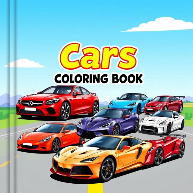 An eye-catching cover for a children’s coloring book titled ‘Cars Coloring Book’ featuring real cars