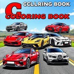 An eye-catching cover for a children’s coloring book titled ‘Cars Coloring Book’ featuring real cars