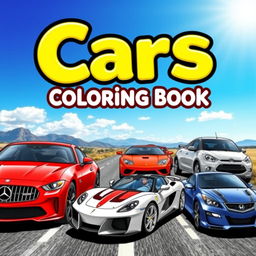 An eye-catching cover for a children’s coloring book titled ‘Cars Coloring Book’ featuring real cars
