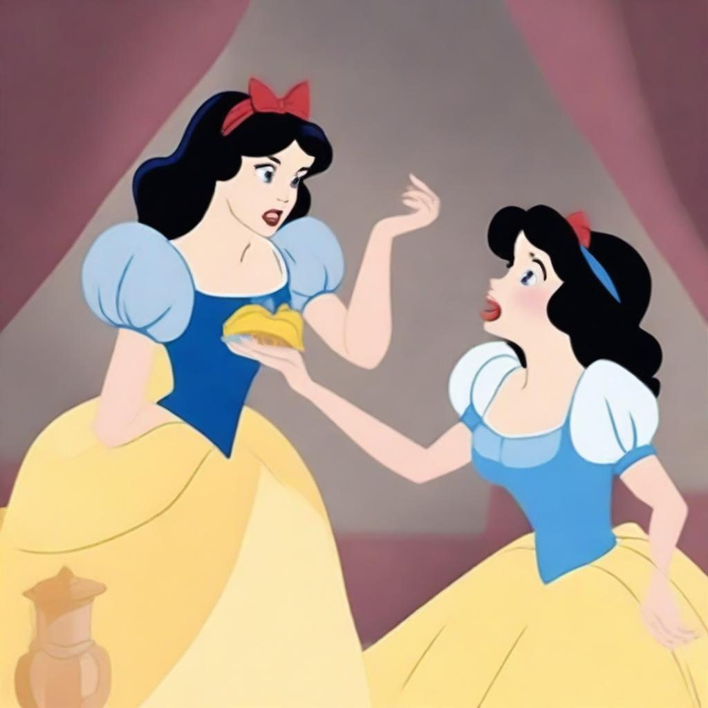 An image of an enraged Snow White hitting Cinderella, in the Disney style