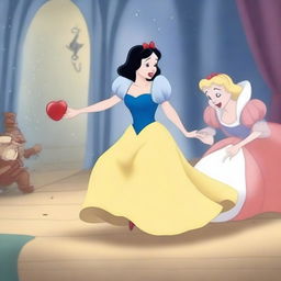 An image of an enraged Snow White hitting Cinderella, in the Disney style