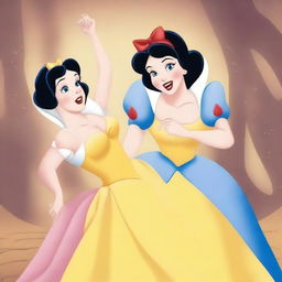 An image of an enraged Snow White hitting Cinderella, in the Disney style