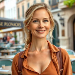 A full-length photograph of a woman with a closed neckline, aged between 30 to 45, showcasing a natural appearance, minimal makeup, and well-groomed hair