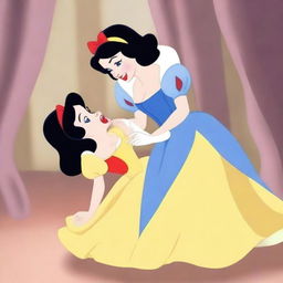 An image of an enraged Snow White hitting Cinderella, in the Disney style