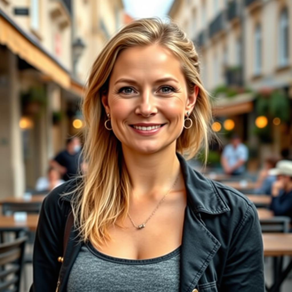 A full-length photograph of a woman with a closed neckline, aged between 30 to 45, showcasing a natural appearance, minimal makeup, and well-groomed hair