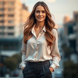 A portrait of a European woman aged between 30 to 45 years old, stylishly dressed in fashionable attire