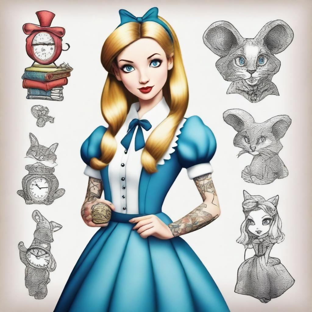 Alice from Wonderland in tattoos and modern clothes, maintaining a whimsical yet contemporary vibe.