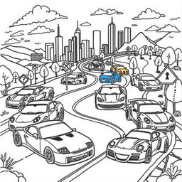 An engaging and colorful page from a popular cars-themed coloring book, featuring a variety of iconic and stylish cars including sports cars, vintage models, and off-road vehicles