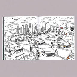 An engaging and colorful page from a popular cars-themed coloring book, featuring a variety of iconic and stylish cars including sports cars, vintage models, and off-road vehicles