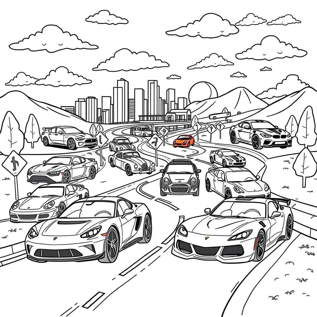 An engaging and colorful page from a popular cars-themed coloring book, featuring a variety of iconic and stylish cars including sports cars, vintage models, and off-road vehicles