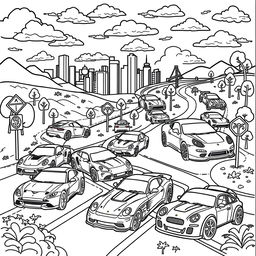 An engaging and colorful page from a popular cars-themed coloring book, featuring a variety of iconic and stylish cars including sports cars, vintage models, and off-road vehicles